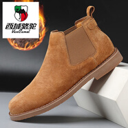 西域駱駝（VANCAMEL）輕奢秋冬季2025新款中幫馬丁靴男士加絨保暖切爾西高幫大碼男鞋 卡其(冬季加棉) 42