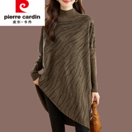 皮爾卡丹超大碼不規則針織衫時(shí)尚秋冬半高領(lǐng)寬松遮肚中長(cháng)款打底羊毛衫上衣 駝色 均碼