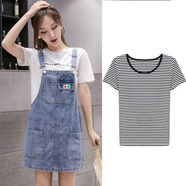 瑞詩(shī)珂牛仔背帶裙女夏季新款女裝夏裝小個(gè)子連衣裙減齡洋氣復古風(fēng) 背帶裙+條紋短袖 M