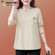 啄木鳥(niǎo)好棉T恤長(cháng)袖女春秋2025新款寬松韓版中年減齡休閑上衣T 杏色 M 建議80-95斤