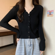 羅蒙（ROMON）2025秋季新款V領(lǐng)針織衫女長(cháng)袖開(kāi)衫小外套溫柔風(fēng)保暖毛衣女上衣 黑色 L