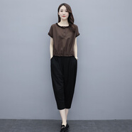 穆夏百合棉麻套裝女2025年新款夏季韓版寬松顯瘦百搭亞麻減齡哈倫褲兩件套 咖啡色 S 推薦80-100斤