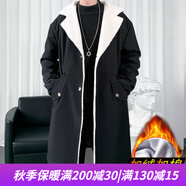 HOUQIYE風(fēng)衣男秋冬季中長款大碼連帽大衣加棉加厚保暖寬松韓版潮牌外套 F847黑色加絨 M（100-120斤）