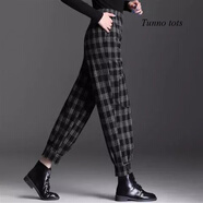 Tunno tots潮牌哈倫褲女秋冬季寬松顯瘦高腰毛呢格子褲小個(gè)子束腳蘿卜褲子 黑白格子A012 L/28 適合2尺1