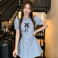 巧丂連衣短裙女條紋兩件套溫柔純欲學(xué)生拍照夏季新款收腰顯瘦裙子 藍色連衣裙+短褲（送蝴蝶結） M