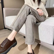 范哲莎女士褲子2024新款女冬高檔秋毛呢哈倫加厚高腰顯瘦小腳褲外穿呢子 咖色（秋冬加厚-不加絨） S 適合85-95斤 卡碼拍大