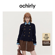 歐時力OCHIRLY  進口100%美麗諾羊毛雙面呢毛呢短外套女士高級感 藏青 S