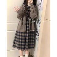 素優(yōu)米（SUYOUMI）兩件套日系復古軟糯v領(lǐng)開(kāi)衫毛衣女學(xué)生秋冬季寬松顯瘦娃娃連衣裙 套裝【娃娃領(lǐng)連衣裙+灰色開(kāi)衫】 M