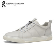 諾貝達（ROBERTA DI CAMERINO）新款男士日常休閑運動小白鞋真皮平跟平底系帶圓頭戶外出行板鞋男 白色 43