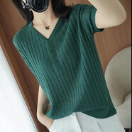 純信冰絲短袖t恤女2025新款韓版寬松女裝遮肚上衣潮V領(lǐng)百搭純色針織衫 01綠色 M 建議95-105斤