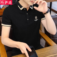瑪薩洛夏季潮流半袖翻領男裝體恤POLO打底衫2023新款帶領短袖男T恤衣服 716黑色 XXL