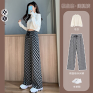 依沐蘇棋盤(pán)格闊腿褲女春秋季高腰寬松直筒黑白格子褲垂感休閑拖地長(cháng)褲子 灰格-單款 L