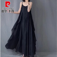 皮爾卡丹（pierre cardin）日系文藝白色吊帶連衣裙女夏季不規(guī)則飄逸寬松大擺無袖背心長裙子 黑色 M 【建議85-105斤】