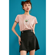 裂帛新短袖T恤女國潮童趣刺繡寬松打底內搭半袖上衣女 淺粉 XL