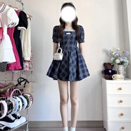 OLOEY新款超仙格子連衣裙女新款日系學(xué)院風(fēng)小個(gè)子收腰顯瘦短裙子 藍色 XL
