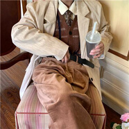 貝吉棋條紋燈芯絨西裝上衣男女2022春季韓版休閑百搭潮流寬松BF西服外套 杏色 品質(zhì)高于同行 2XL