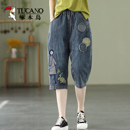 啄木鳥(niǎo)文藝刺繡貼布水洗牛仔短褲女夏季復古新款松緊腰五分褲寬松中褲女 5914#深藍色 XL 建議115-125斤
