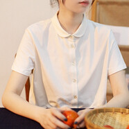 偶蔓 文藝純色棉質(zhì)短袖襯衫 彈力棉針織打底t恤女 娃娃領(lǐng)小眾上衣 珍珠白 XL