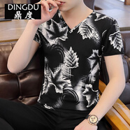 鼎度（DINGDU）2021男士長(zhǎng)袖T恤韓版冰絲修身V領(lǐng)潮流帥氣打底衫薄款體恤男裝上衣 楓葉白【短】 M