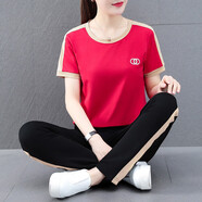 啄木鳥(niǎo)（TUCANO）休閑褲女運(yùn)動(dòng)套裝女夏季2023新款韓版圓領(lǐng)中年減齡寬松 大紅長(zhǎng)褲套裝YF8711 M 80-95斤