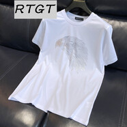 RTGT潮牌歐美風(fēng)夏季新款短袖t恤男ins修身冰絲老鷹頭燙鉆半袖大碼薄款 白色-鐳射點(diǎn)老鷹 L