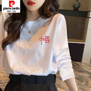 皮爾卡丹白色純棉長(cháng)袖t恤女秋季2026新款寬松中長(cháng)款打底衫上衣小眾設計感 A30(小寫(xiě)中國) L 106-125斤