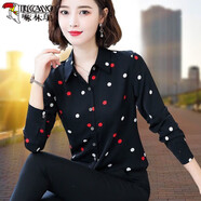 啄木鳥(niǎo)襯衫女襯衣女2025波點(diǎn)長(zhǎng)袖春秋新款中年雪紡上衣洋氣時(shí)尚 6065黑色-40# M _建議95-105斤