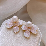 QUAMER藍色碎鉆水晶花朵珍珠耳環(huán)2024感耳釘女銀針小眾耳 粉色 花朵耳環(huán)