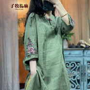 子牧棉麻夏裝 女刺繡連衣裙民族風(fēng)盤扣七分袖中式0995 綠色 L(建議100-120斤)
