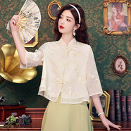 妖妮襯衫女新款2025夏新中式國風(fēng)古盤(pán)扣立領(lǐng)重工刺繡提花七分袖上衣 1302杏色上衣 S （建議體重85-100）