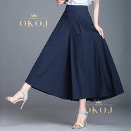 OKOJ品牌定制高腰休閑褲女夏季九分裙褲薄款垂感寬松黑色闊腿褲子 藍色 32碼