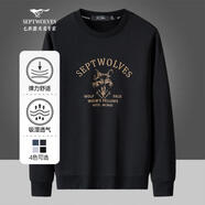 七匹狼（SEPTWOLVES）長(cháng)袖T恤男春冬季圓領(lǐng)衛衣男士休閑打底衫圖案印花體恤衫男裝上衣 001(黑色) 2XL (180)