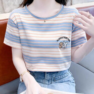 笙冉（SHENGRAN）ins超火條紋短袖t恤女夏裝洋氣新款寬松百搭半袖上衣打底小衫 藍(lán)色  L 110-125斤