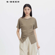 S.DEER圣迪奧女裝夏季時(shí)尚百搭圓領(lǐng)立體裁剪開衩短袖T恤S23260108 粉棕/39 L 170