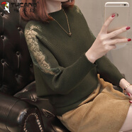 啄木鳥（TUCANO）春秋新款一字領蝙蝠袖毛衣女針織衫寬松短款上衣蕾絲打底衫 墨綠色 【收藏送】 S