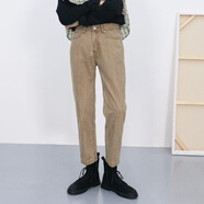 2024新款韓版休閑牛仔褲男修身小腳純色九分褲百搭青年長(cháng)褲子潮牌 卡其色 2XL 130-145斤