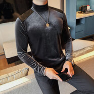 凡迪時(shí)尚（FANDISS）金絲絨拼皮半高領(lǐng)修身長(cháng)袖T恤男士秋冬高級感絨布內搭打底衫上衣 灰色 XL