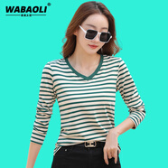 WABAOLI高檔品牌 條紋長袖T恤女2024新款春秋寬松薄款百搭打底衫減齡上衣 綠色【V】 3XL 【建議體重130-140斤】