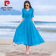 皮爾卡丹（pierre cardin）紅色裙子2024女夏新款小個子長款大擺雪紡連衣裙仙氣質(zhì)沙灘長裙 天藍(lán)色連衣裙%7E五分袖 L:建議105-115斤
