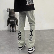 衣然呈品直筒牛仔褲男休閑簡(jiǎn)約運動(dòng)寬松美式高街春秋款復古潮牌長(cháng)褲子男士 黃泥色印花款 M【建議100-110斤】