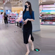 米珀莉（MIPOLI）連衣裙裙子夏天女裝2025新款女裝氣質(zhì)女神范套裝針織上衣開(kāi)叉半身 藍色套裝 M