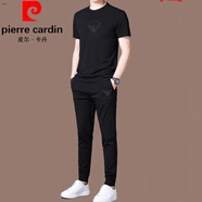 皮爾卡丹（pierre cardin）夏季男士運(yùn)動套裝短袖T恤冰絲潮流印花薄款高端休閑穿搭兩件套針 03黑色套裝 XL