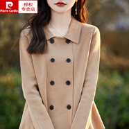 皮爾卡丹（pierre cardin）秋冬翻領(lǐng)精紡針織羊毛開(kāi)衫女雙排扣長(zhǎng)袖針織毛衣Polo領(lǐng)外搭上衣 金駝色 S