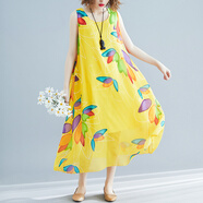 花九卿海邊度假連衣裙 海灘裙沙灘裙女夏新款旅游拍照超仙大號無(wú)袖長(cháng)裙 203黃色 3XL 125-140