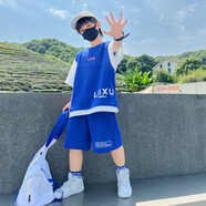 嚕 C童裝男童夏裝套裝2025新款兒童衣服運動中大童短袖褲子兩件套帥氣 藍色 160