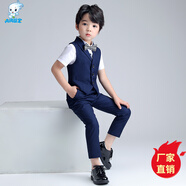 閃閃藍寶 夏季新款兒童禮服花童兒童西裝套裝主持人服裝表演服小孩西裝演出服鋼琴演出服幼兒園畢業(yè)衣服男孩 藏青色四件套（馬甲+短袖襯衫+長(cháng)褲+領(lǐng)結） 130cm建議體重43-50斤