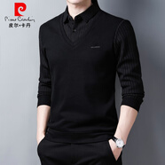 皮爾卡丹（pierre cardin）襯衫領(lǐng)假兩件套男秋季長(zhǎng)袖t恤加絨毛衣假領(lǐng)上衣條紋襯衣針織 T9832黑色 常規(guī) M 165體重95斤-115斤