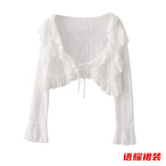 風(fēng)曉薇遮陽(yáng)開(kāi)衫薄款外搭罩衫女蕾絲喇叭袖短款網(wǎng)紅小披肩夏季外套 白色/遮肚子上衣 S 遮肚子上衣