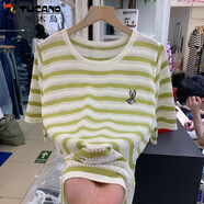 啄木鳥寬松顯瘦【80-200斤】條紋撞色冰絲短袖T恤女刺繡鏤空洋氣上衣夏 綠色 XL 建議120-130斤