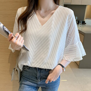燕潯2025夏季新款短袖T恤女喇叭袖V領(lǐng)歐美風(fēng)寬松顯瘦上衣t恤女裝 圖片色L